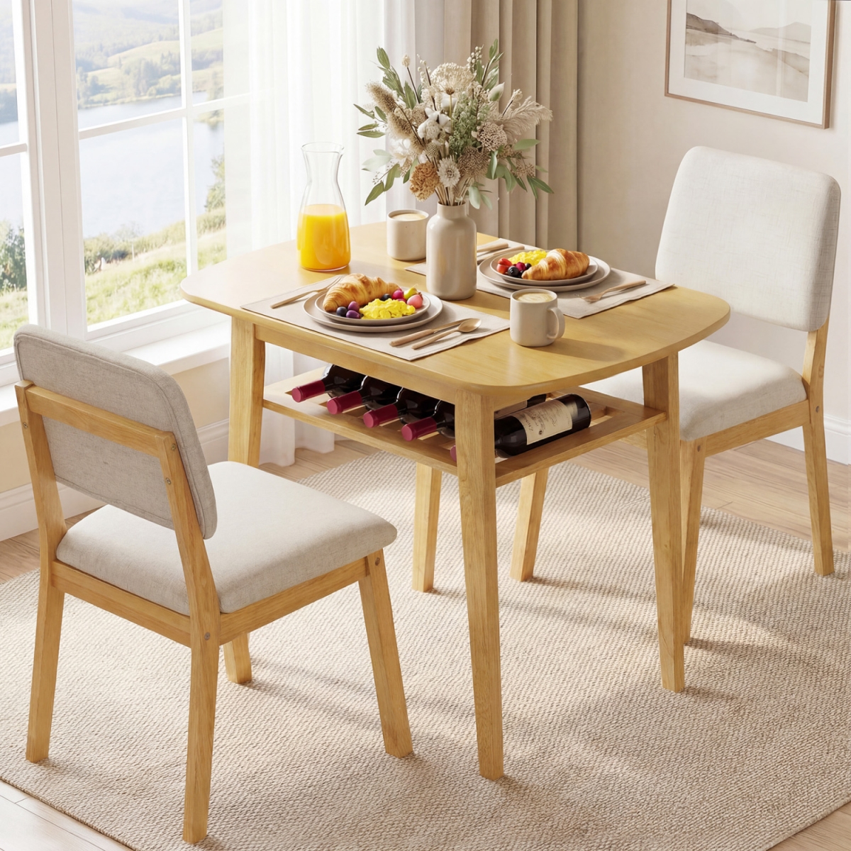 KC59269NA Dining Table Set for 2 with Upholstered Chairs - Natural - 3 Piece