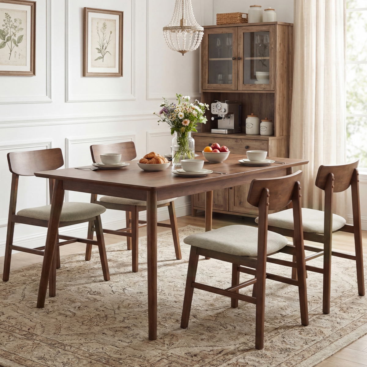 KC59326WL Solid Rubber Wood Dining Chairs with Curved Backrest - Walnut - Set of 4
