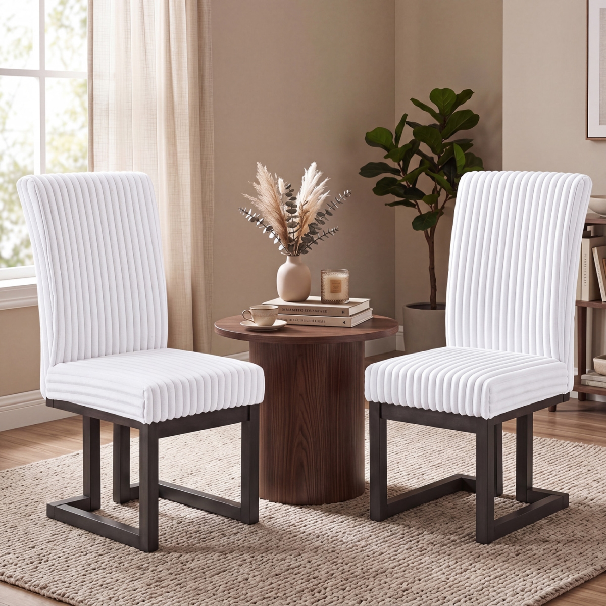 KC59350WH-2 Upholstered Dining Chairs with Rubber Wood Legs & Padded Seat for Dining Room - White - Set of 2
