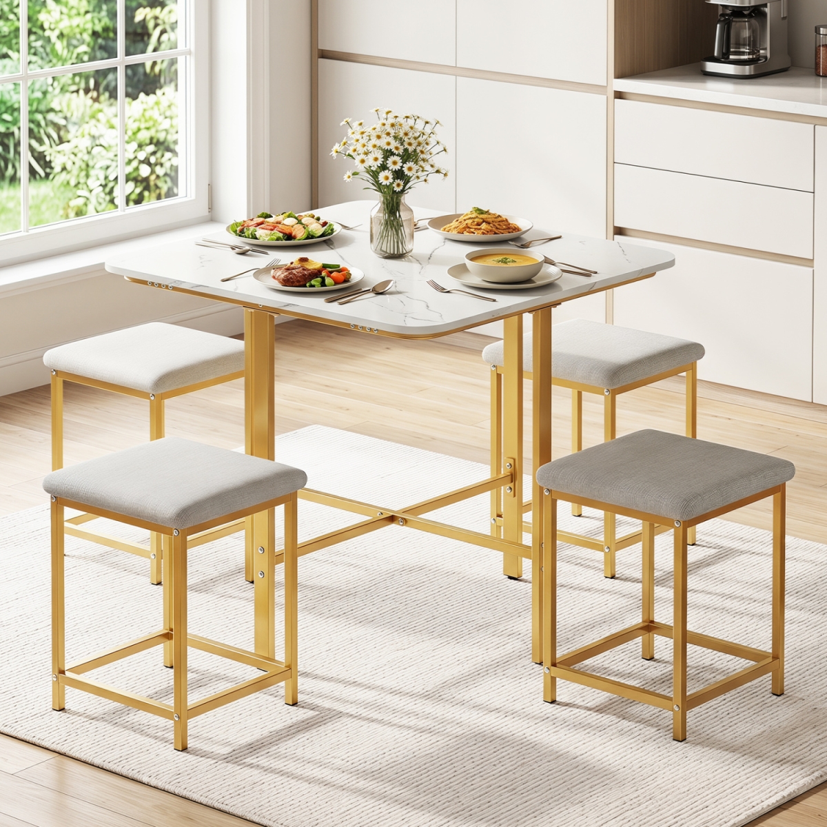 KC59381BS- Dining Table Set with 4 Upholstered Stools & Metal Frame - White & Golden