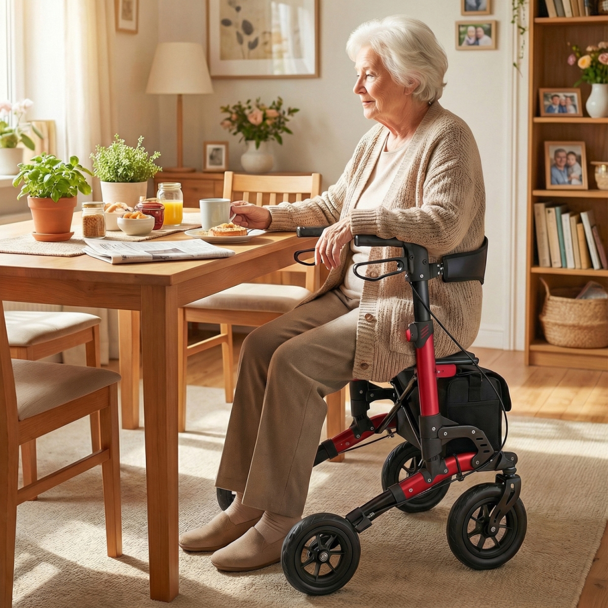 JH10073RE Rollator Walker for Seniors Folding Rolling Walker with Seat - Red