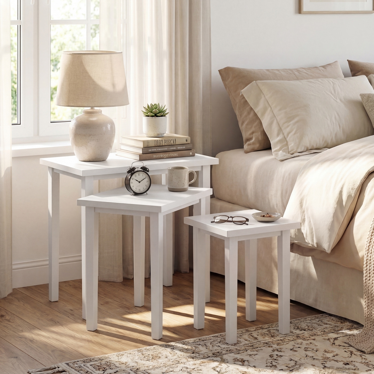 JV11833BS Farmhouse Rectangle Side Table Set for Living Room - White - 3 Piece