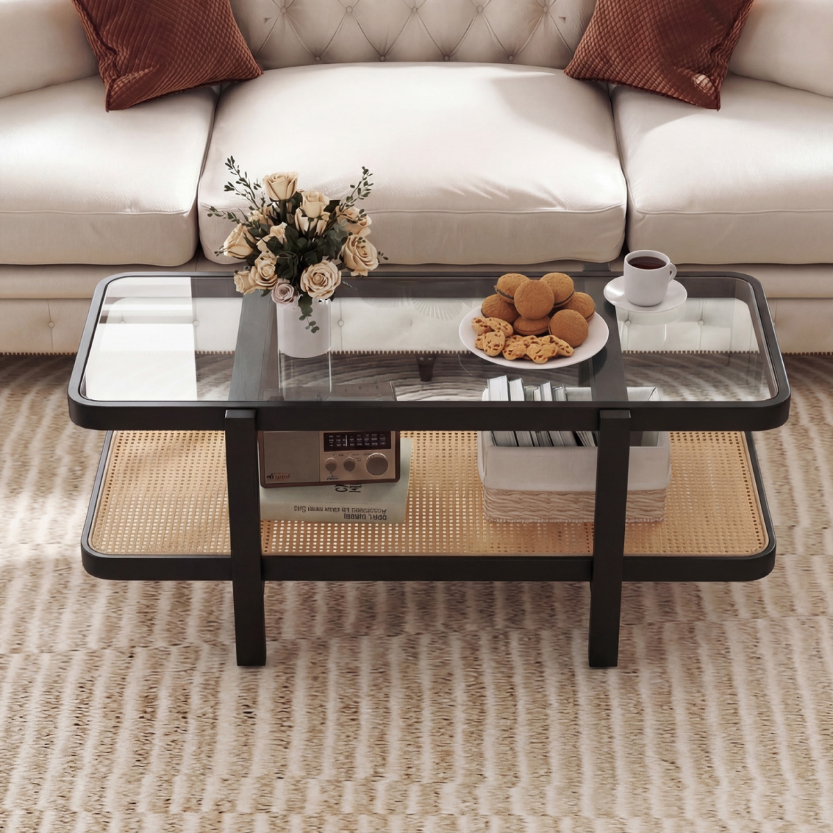 JV12150DK 2-Tier Coffee Table with Storage & Tempered Glass Tabletop - Black