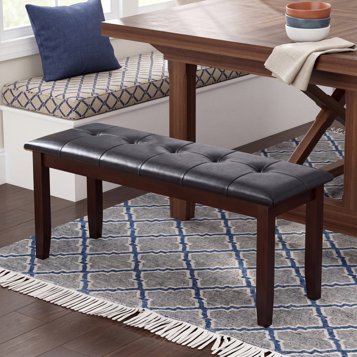 JV12223BN 45.5 in. PU Leather Upholstered Bench with Soft Padded Seat & Strong Rubber Wood Legs - Brown