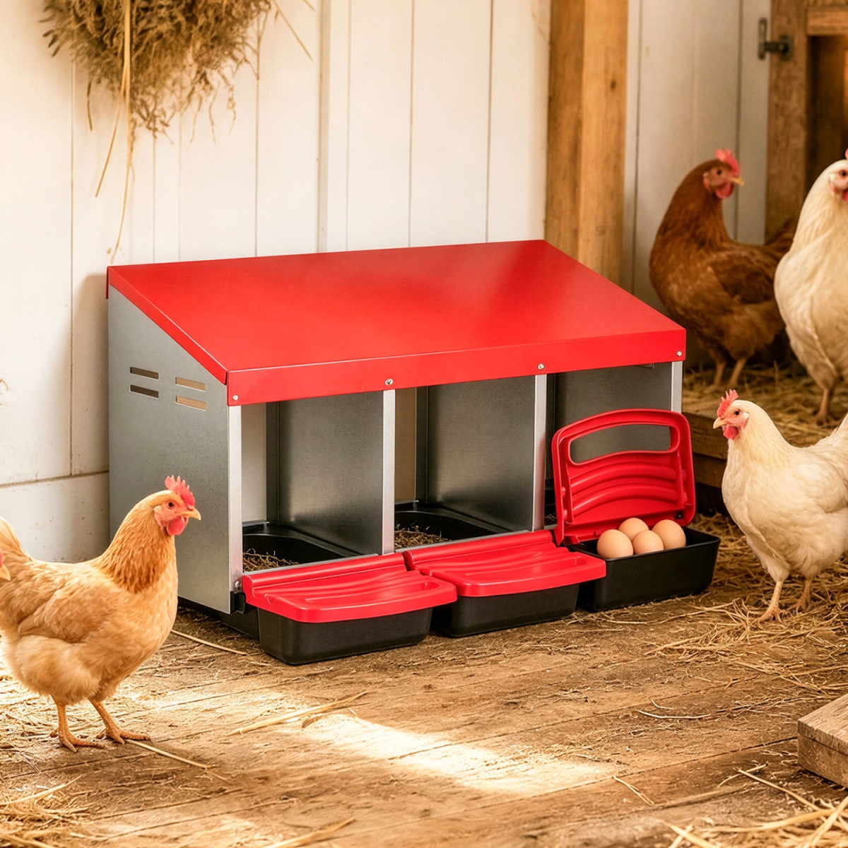 PS7923RE 3-Compartment Roll Away Chicken Nesting Box for Egg Collection with Removable Trays & Landing Steps - Red