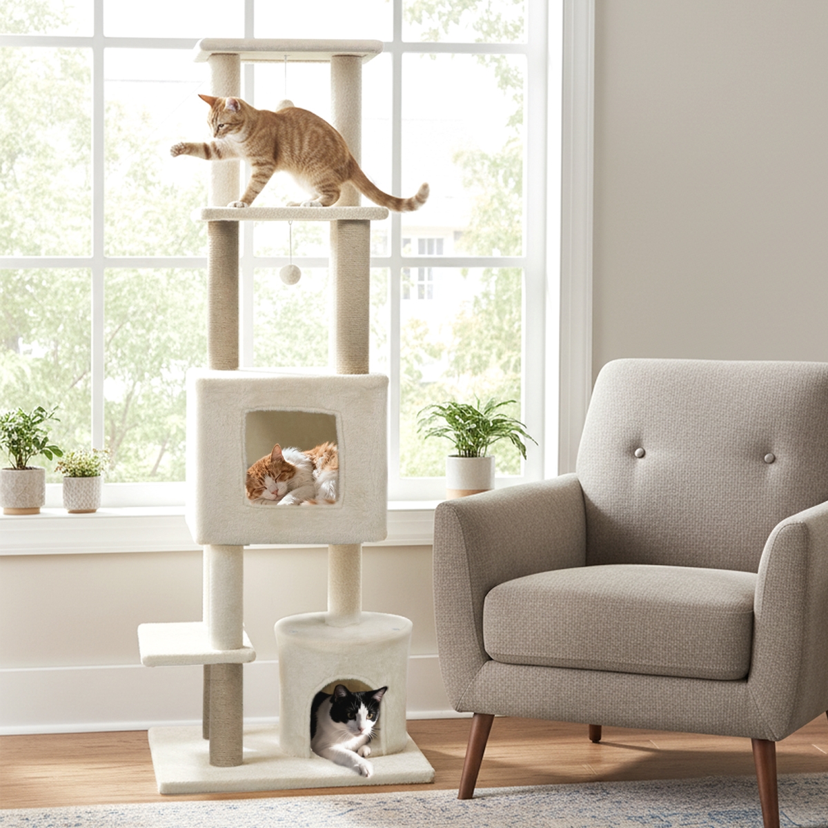 PV10483BE 64 in. Tall Cat Tree with 2 Large Condos & Jute Scratching Posts for Indoor Adult Cats - Beige