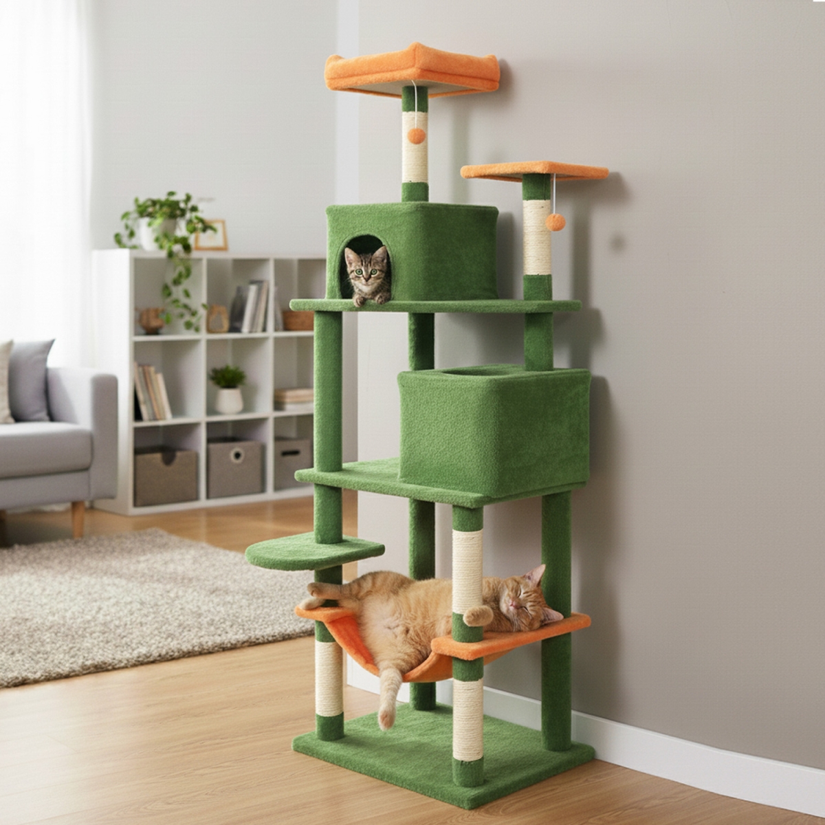 PV10487LV Multi-Level Cat Tree Modern Cat Tower with Upholstered Perch & 2 Cat Condo - Green