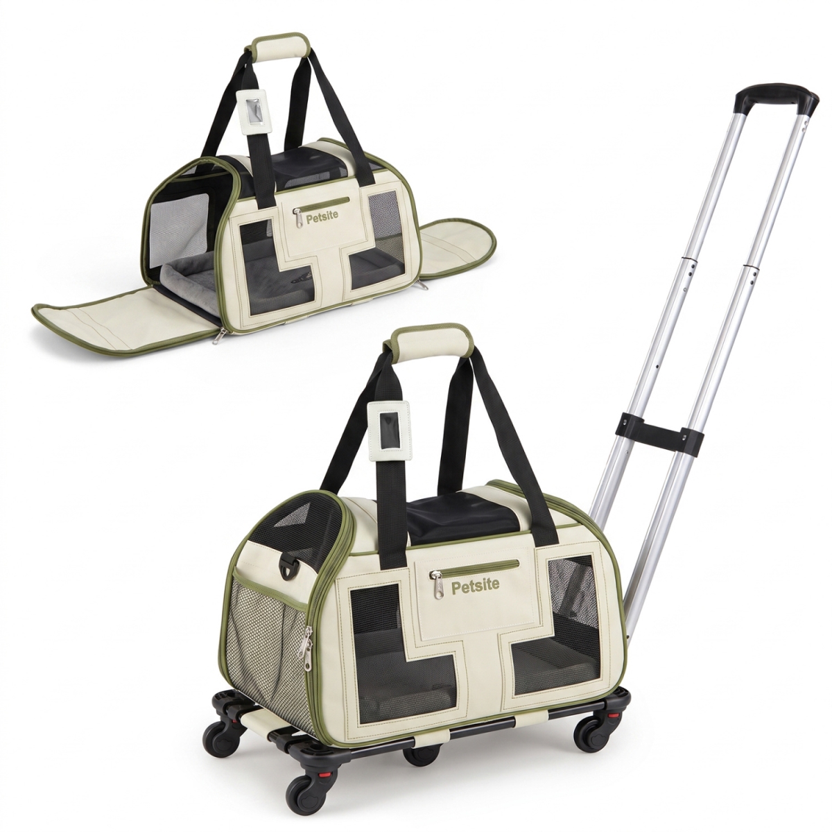 PV10604GN Rolling Pet Carrier with Wheels & Telescopic Handle & Mesh Windows for Pets - Green