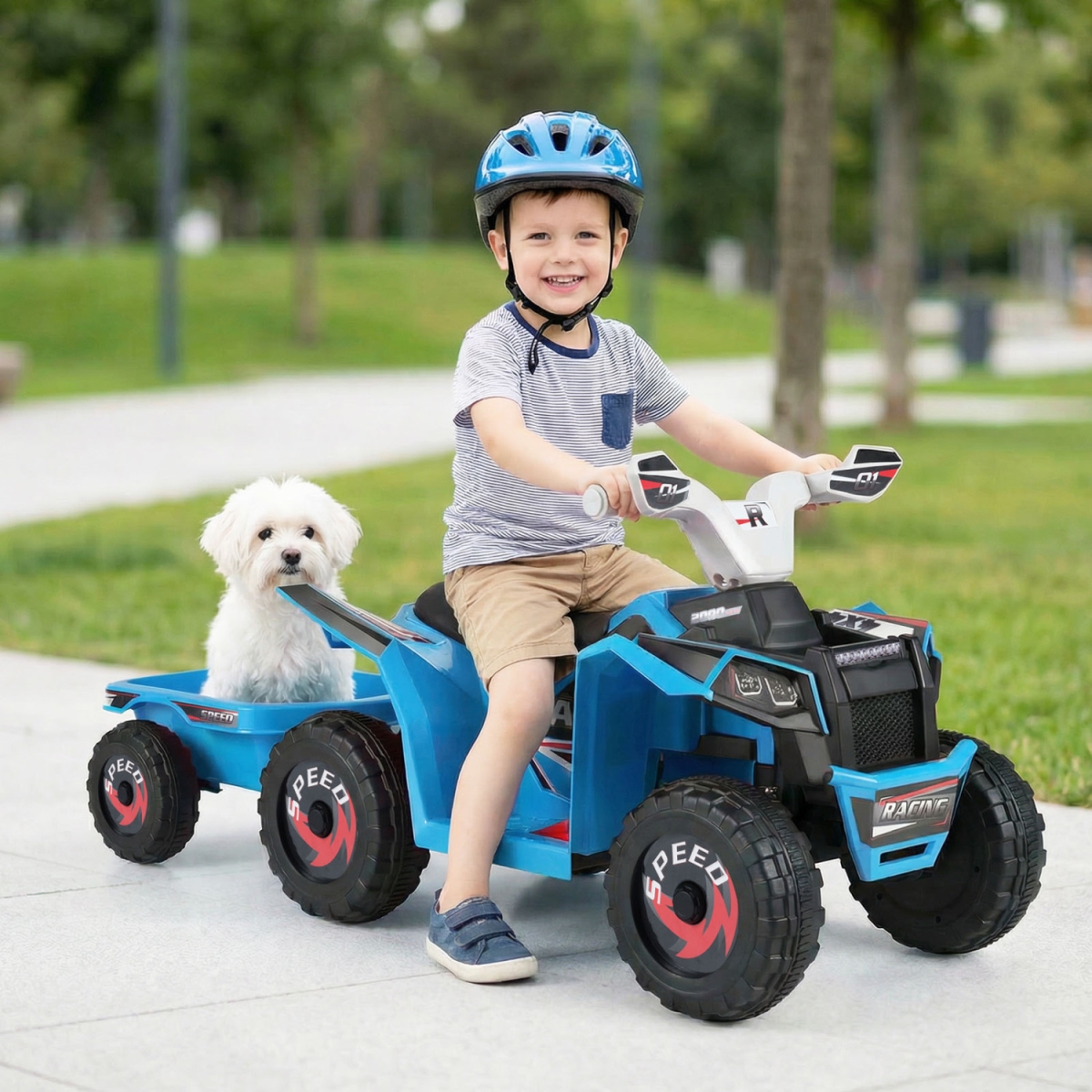 TQ10470US-NY 6V Kids Electric ATV Quad Car with Detachable Trailer - Navy