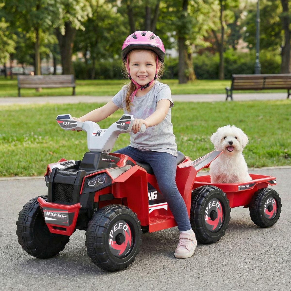 TQ10470US-RE 6V Kids Electric ATV Quad Car with Detachable Trailer - Red