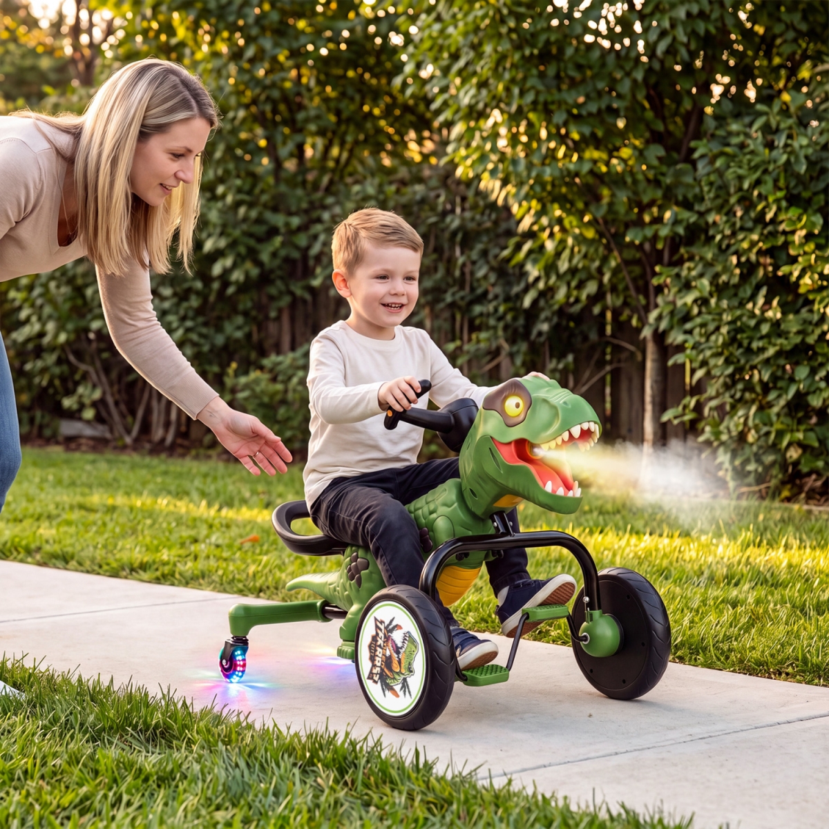 TQ10604GN Dinosaur Drift Tricycle with Lights & Spray & 360-Degree Spin Mode - Green