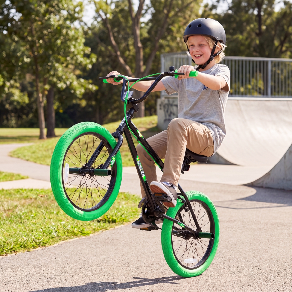 TS10354GN-20 20 in. Trick Bicycle with 270 Degree Steering & Adjustable Seat for Kids & Teens - Green