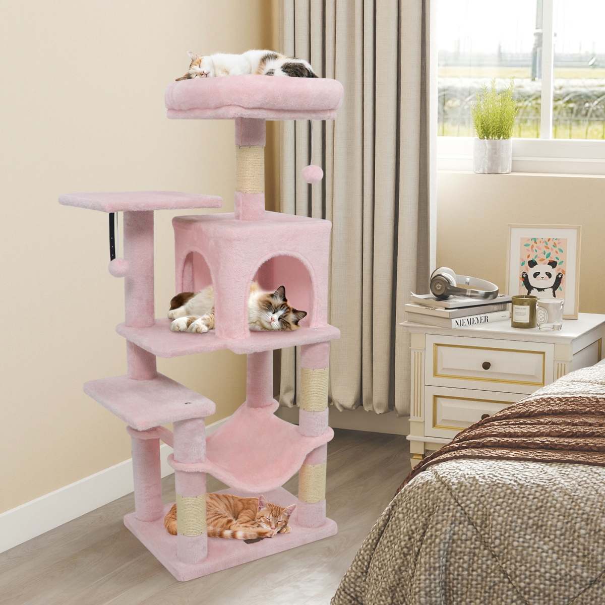 PV10470PI Multi-Level Cat Tower with 2-Door Condo & Padded Top Perch - Pink