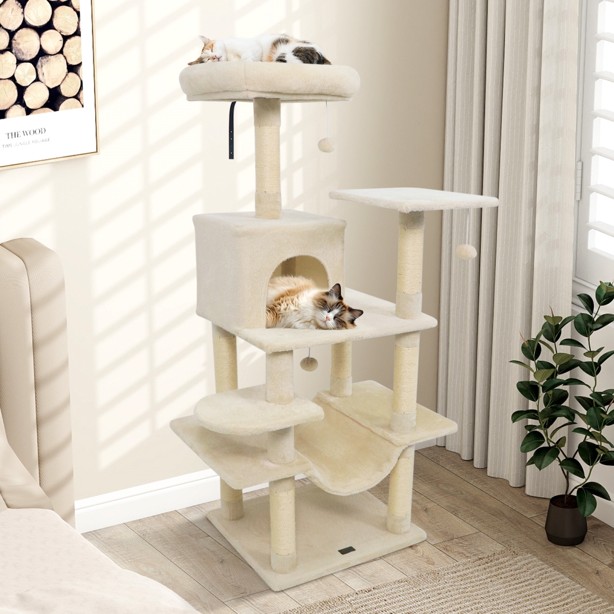 PV10471BE 58 in. Multi-Level Cat Tree Soft Plush Cat Tower with Padded Top Perch - Beige