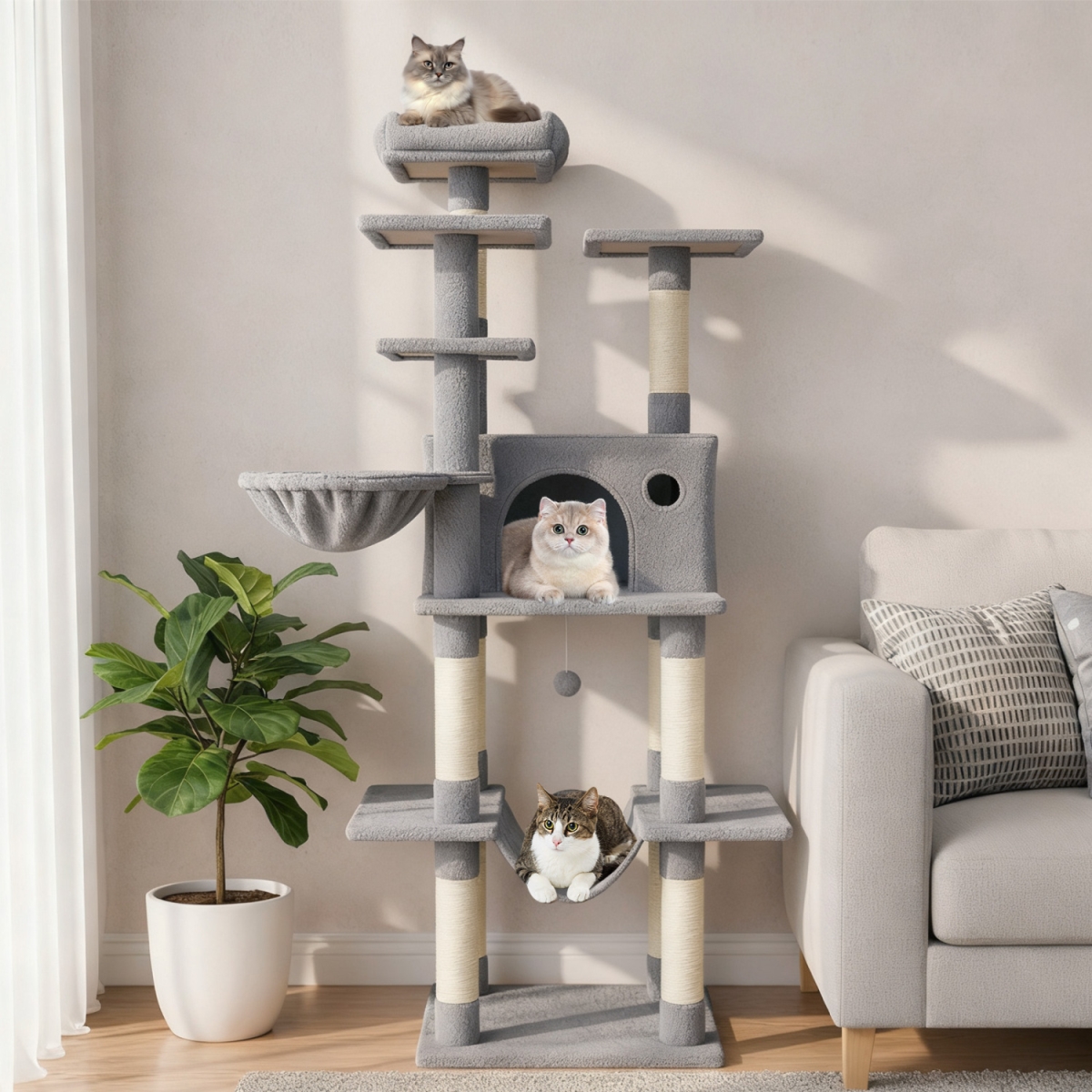 PV10473HS Large Cat Tree for Indoor Cats 63 in. Tall Cat Tower - Light Gray