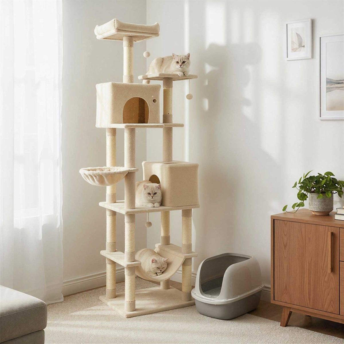 PV10486BE 80 in. Tall Cat Tree with 2 Large Condos & Dangling Toys - Beige
