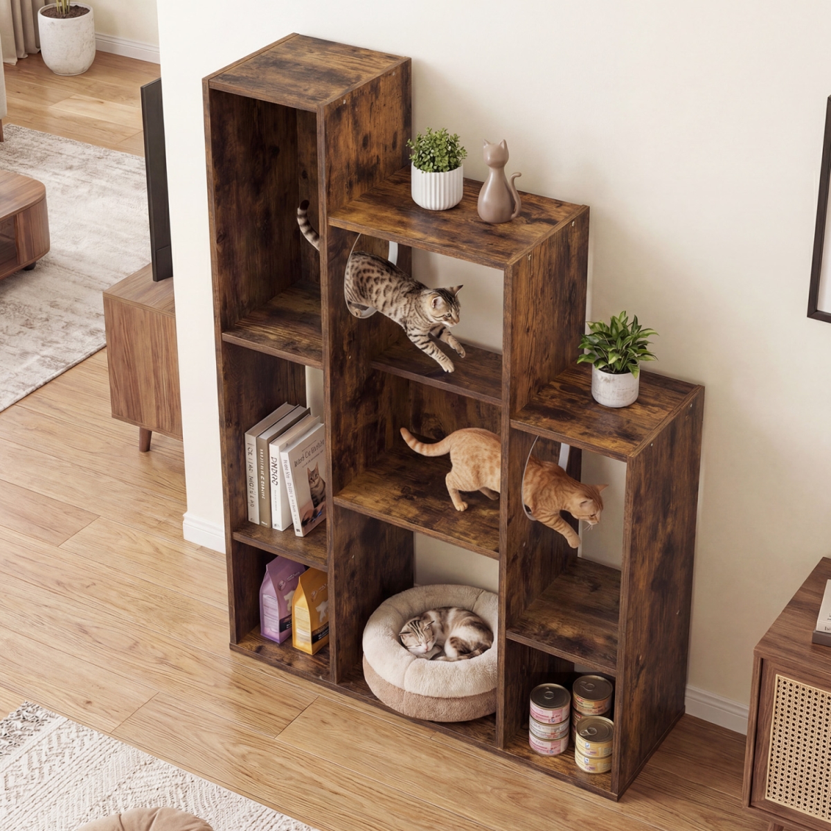 PV10566CF Modern Cat Bookshelf Cat Tree 8-Section Storage Cabinet with 2 Round Holes - Rustic Brown