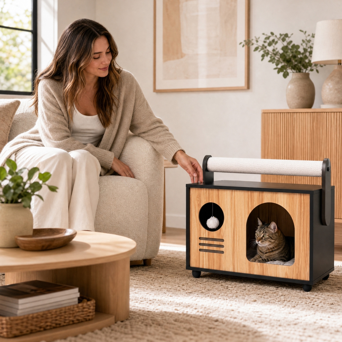 PV10592DK Wooden Cat House with Scratching Post - Black