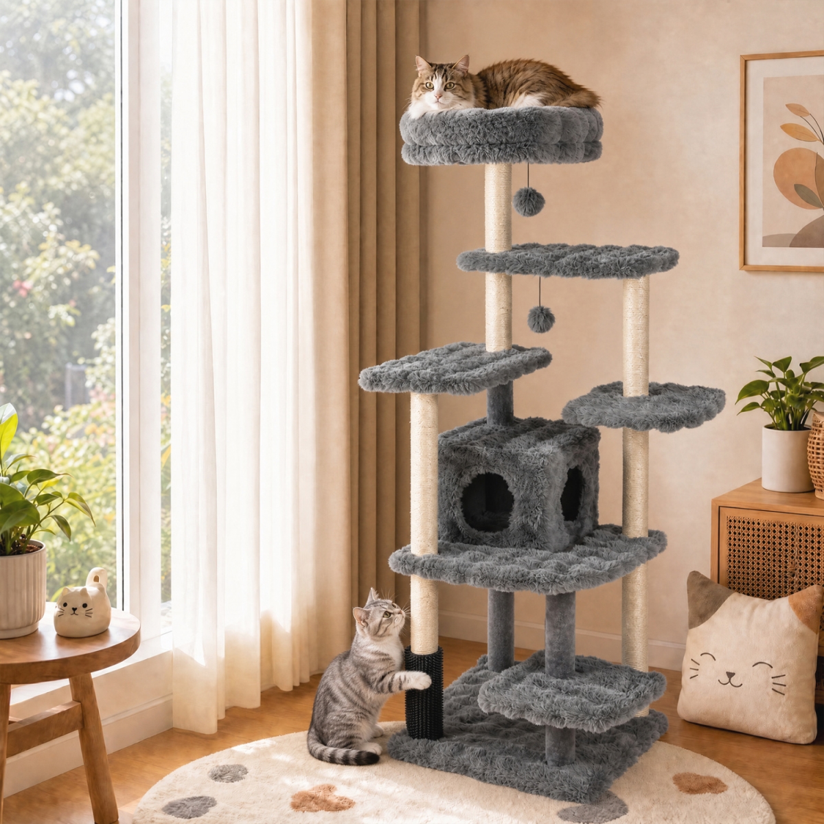 PV10636GR 67 in. Multi-Level Cat Tree with Large Cat Condo & Padded Perch - Gray