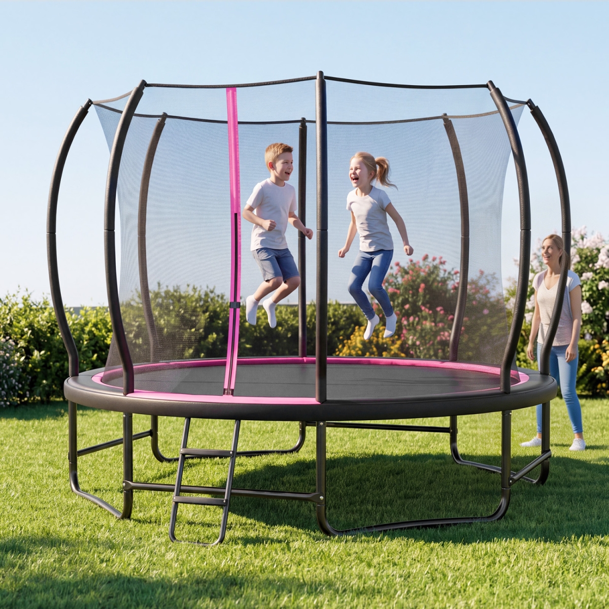 SP38927PI- 12 ft. Outdoor Recreational Trampoline with Enclosure Net & 4 Stabilizer Bars for Backyard, Pink