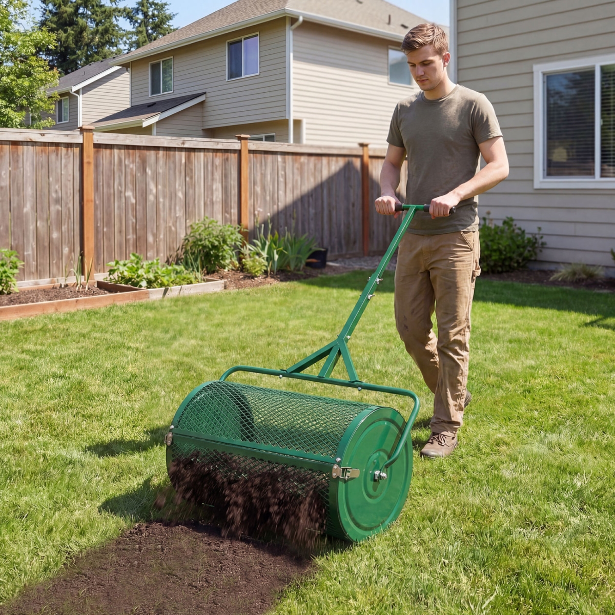 TH10121GN 24 in. Compost Spreader Peat Moss Spreader Roller with Height-Adjustable T-Shaped Handle - Green