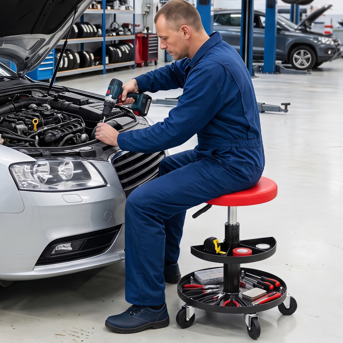 AU10106RE 16.5-22 in. Adjustable Height Seat Rolling Mechanic Stool with Wheels - Red