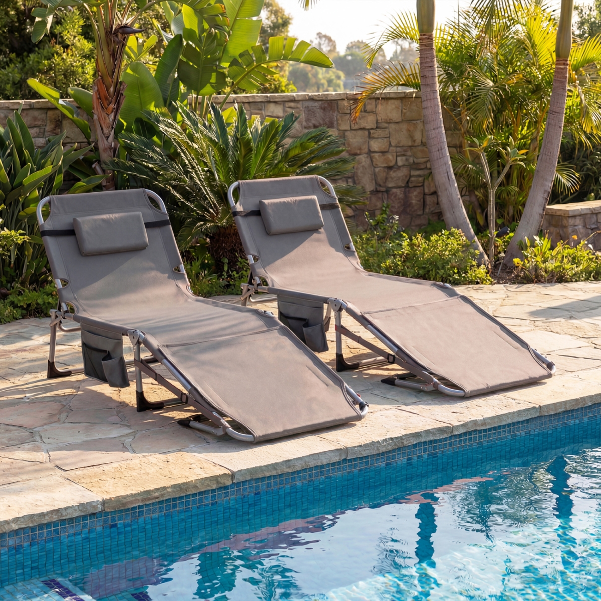 2-NP13351GR Tanning Chairs with Face Arm Holes Portable with 4-Level Backrest - Gray - Set of 2