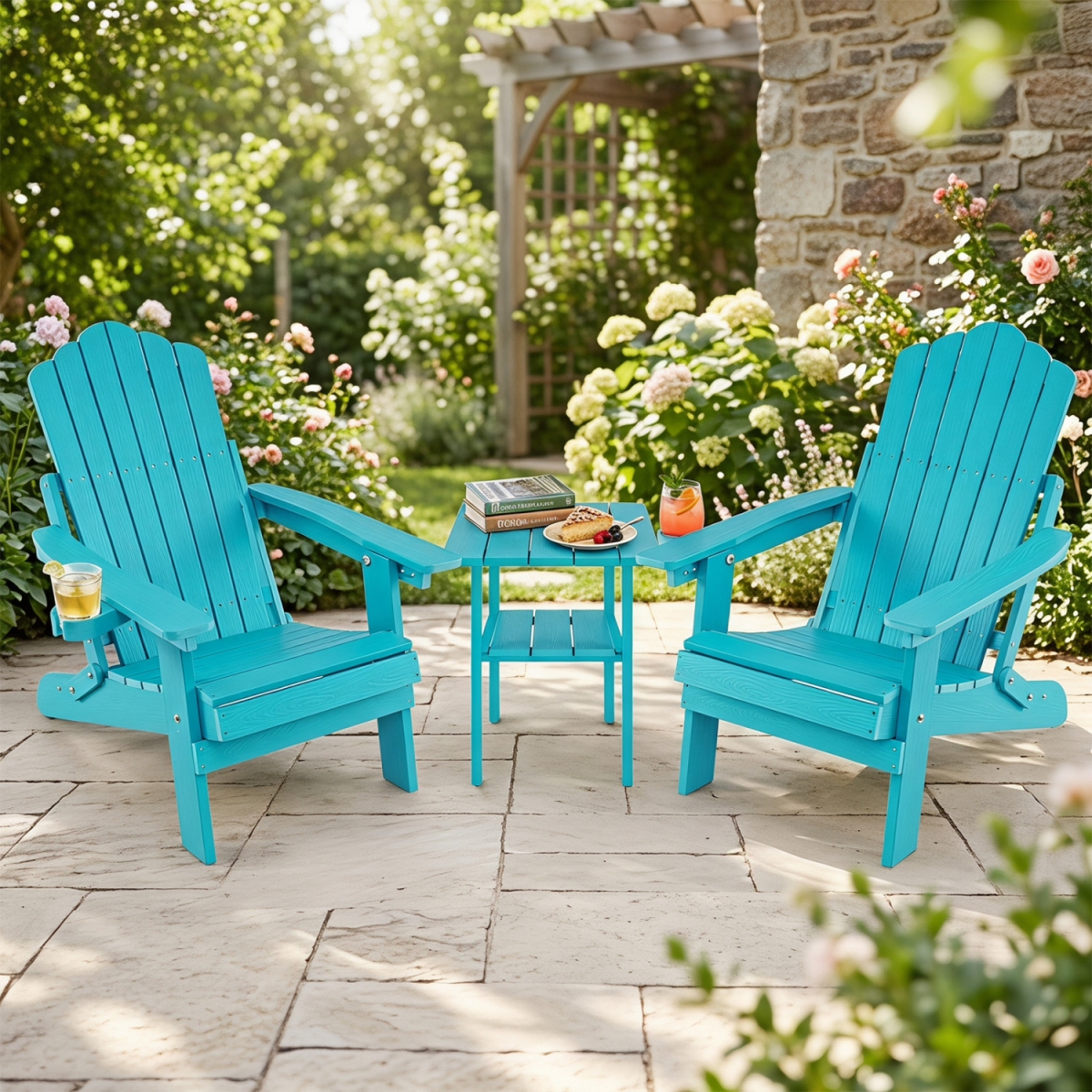 2-NP13571TU Outdoor Folding Adirondack Chair with Cup Holder & 5-Level Backrest - Turquoise - Set of 2