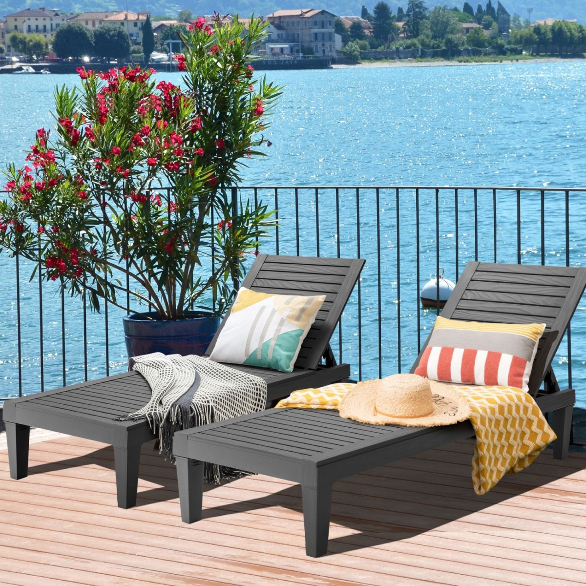 2-OP70808BK Outdoor Chaise Lounge Chair with 5 Positions Adjustable Backrest - Black - Set of 2