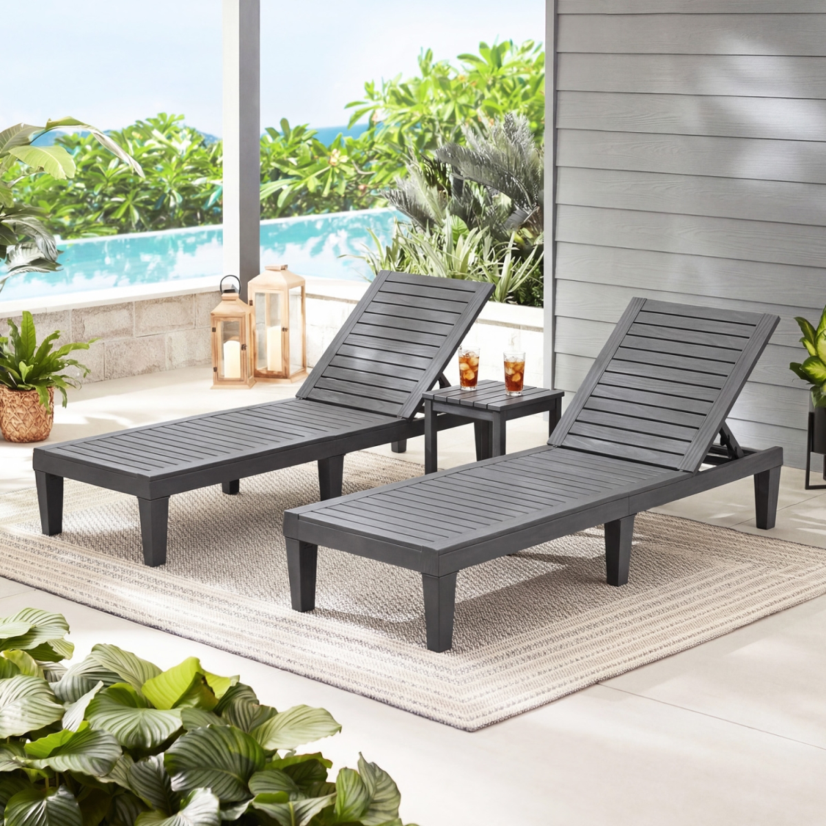 2-OP70808GR Outdoor Chaise Lounge Chair with 5 Positions Adjustable Backrest - Gray - Set of 2