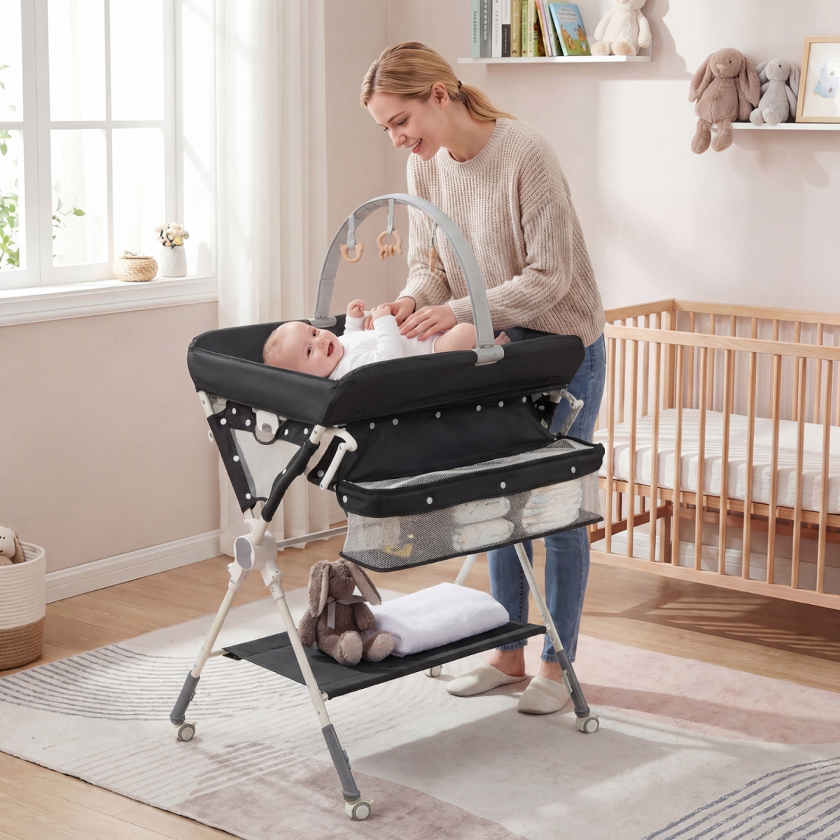 AC10049BK Baby Changing Table Foldable Diaper Changing Station with Storage Bag & Shelf - Black