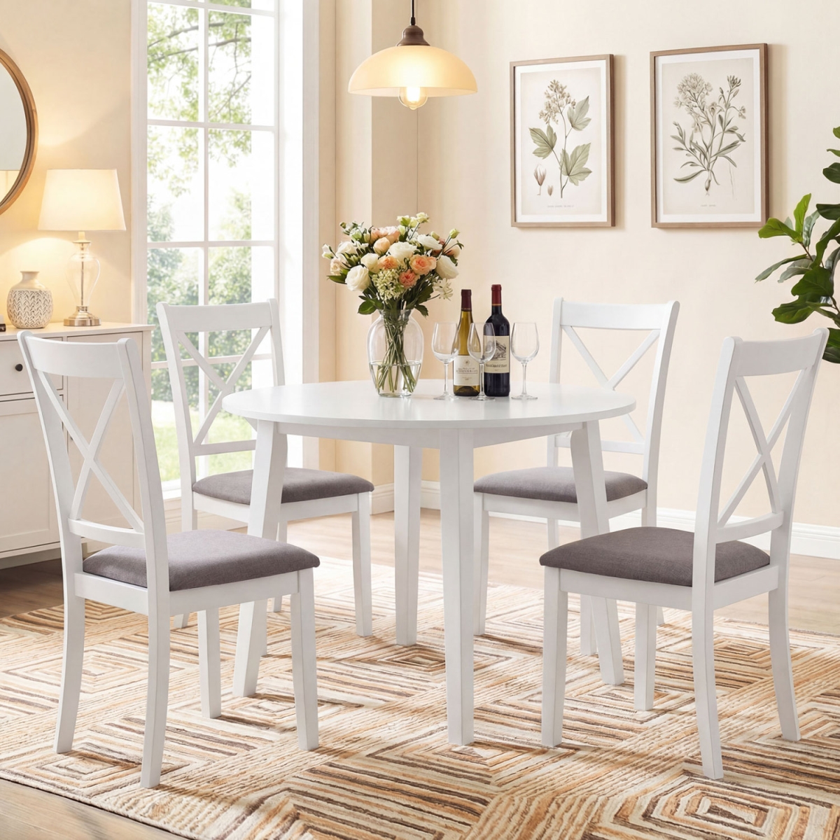 2-KC59369WH-2 Dining Chairs Rubber Wood Dining Room Chairs with Comfortable Backrest & Padded Seat - White - Set of 4