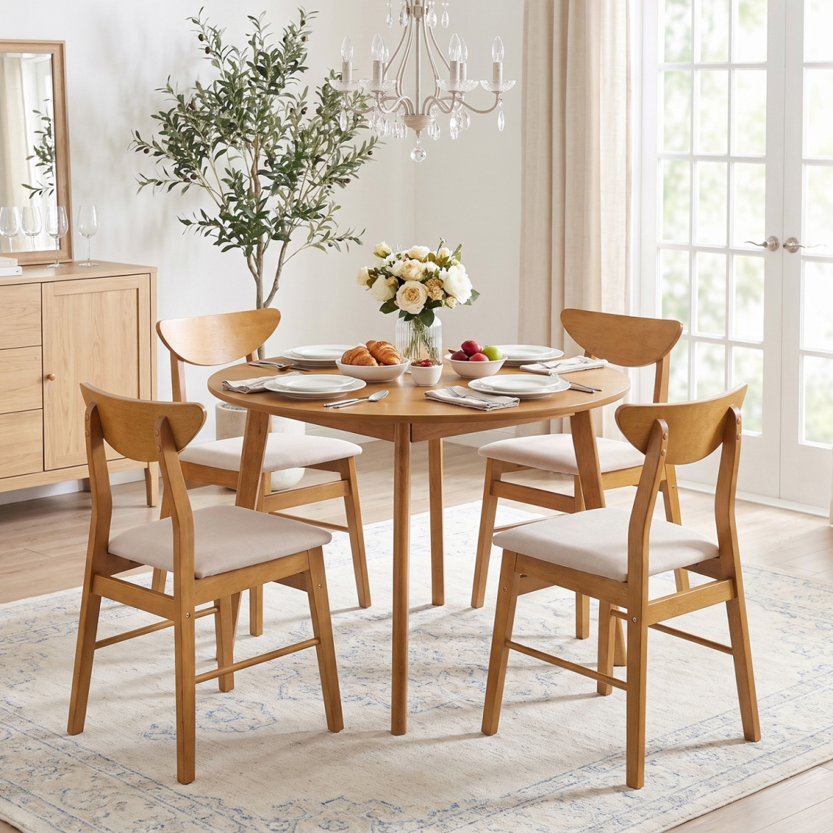 2-KC59706NA-2 Upholstered Dining Chairs with Curved Backrest & Rubber Wood Frame - Natural - Set of 4