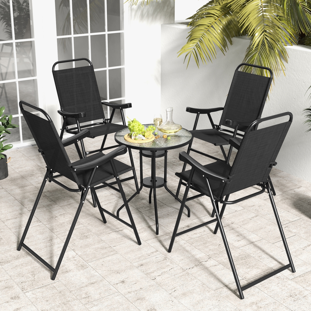 2-NP11342DK-2 Patio Folding Bar Stool with Metal Frame & Footrest - Black - Set of 4