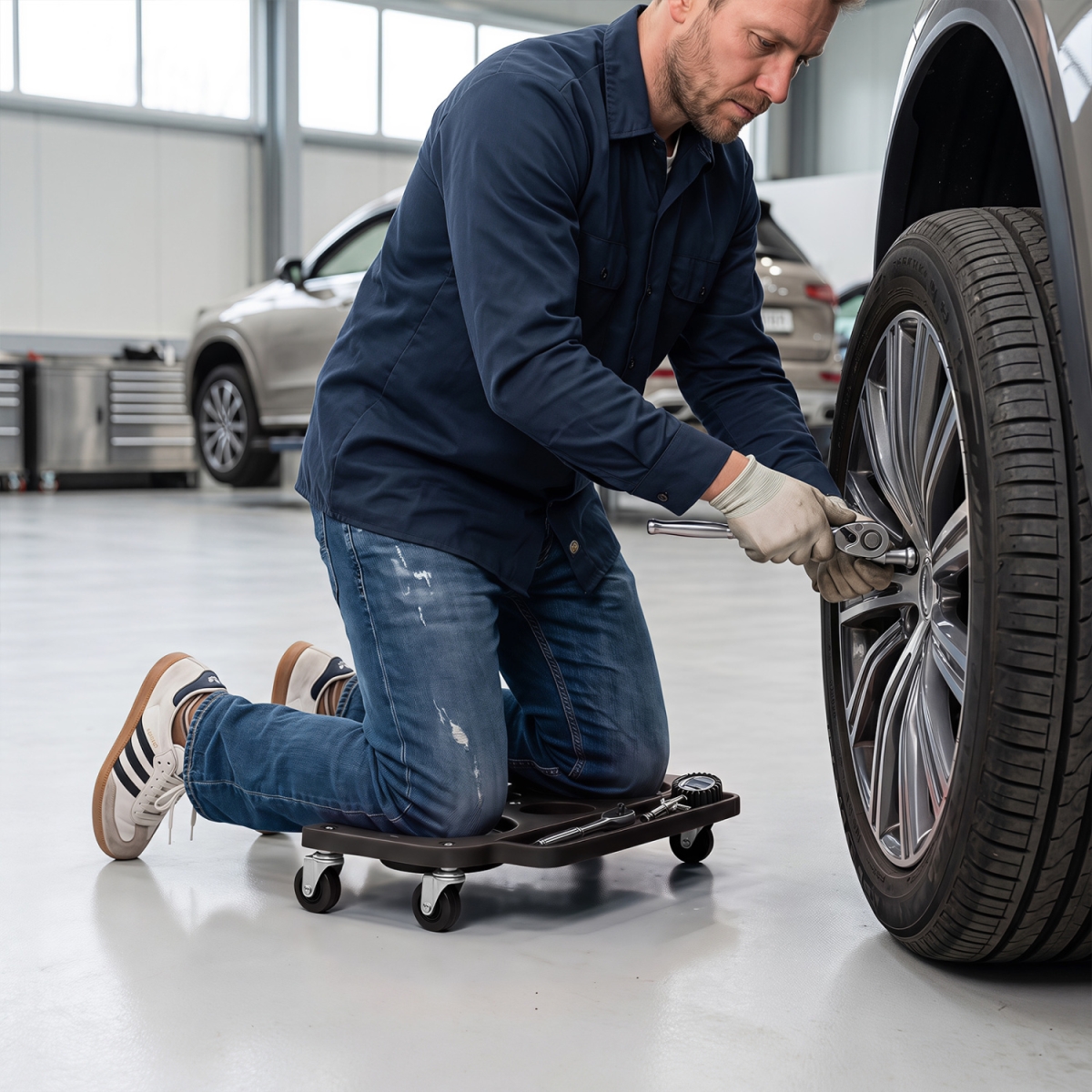 AU10107BK Rolling Knee Creeper with 360 Deg Swivel Casters Lightweight Kneeling Pads - Black