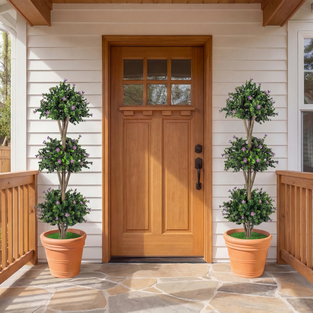 2-HZ10522PU 51 in. Artificial Triple Ball Boxwood Topiary Tree with 59 Blossoms - Purple - Set of 2