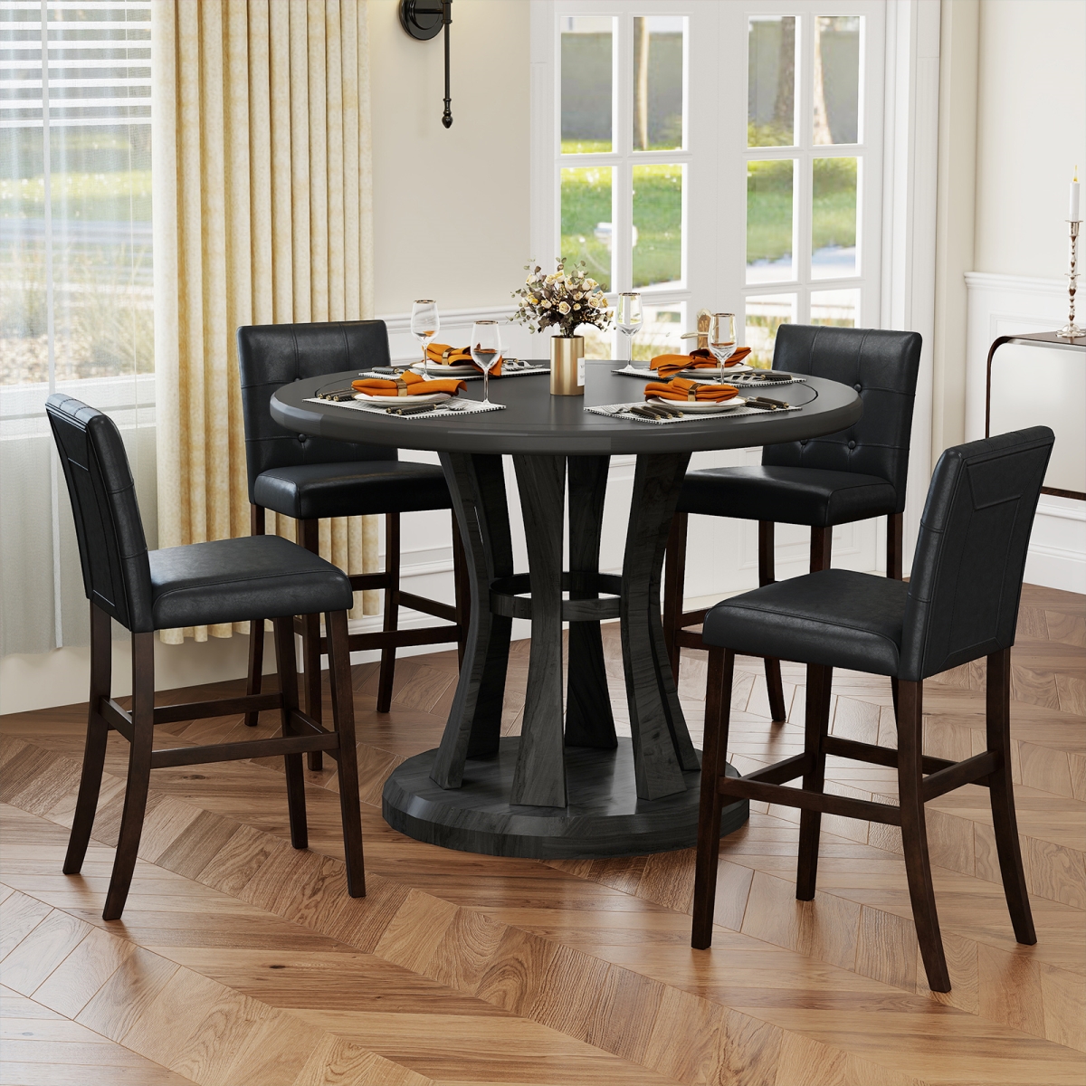 2-JV11562BK-24 PVC Dining Leather Bar Stools with Solid Wood Legs - Black - 24 in. - Set of 4
