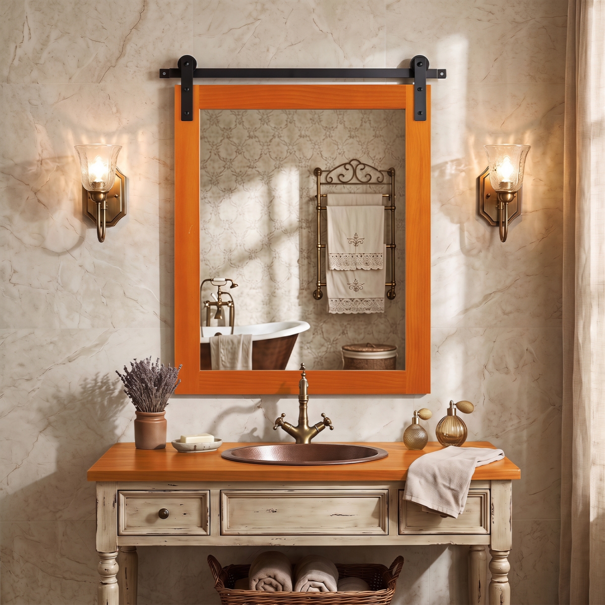 BA8532BN 29 x 23 in. Rectangle Farmhouse Wall Mirror with Metal Bracket for Bathroom - Brown