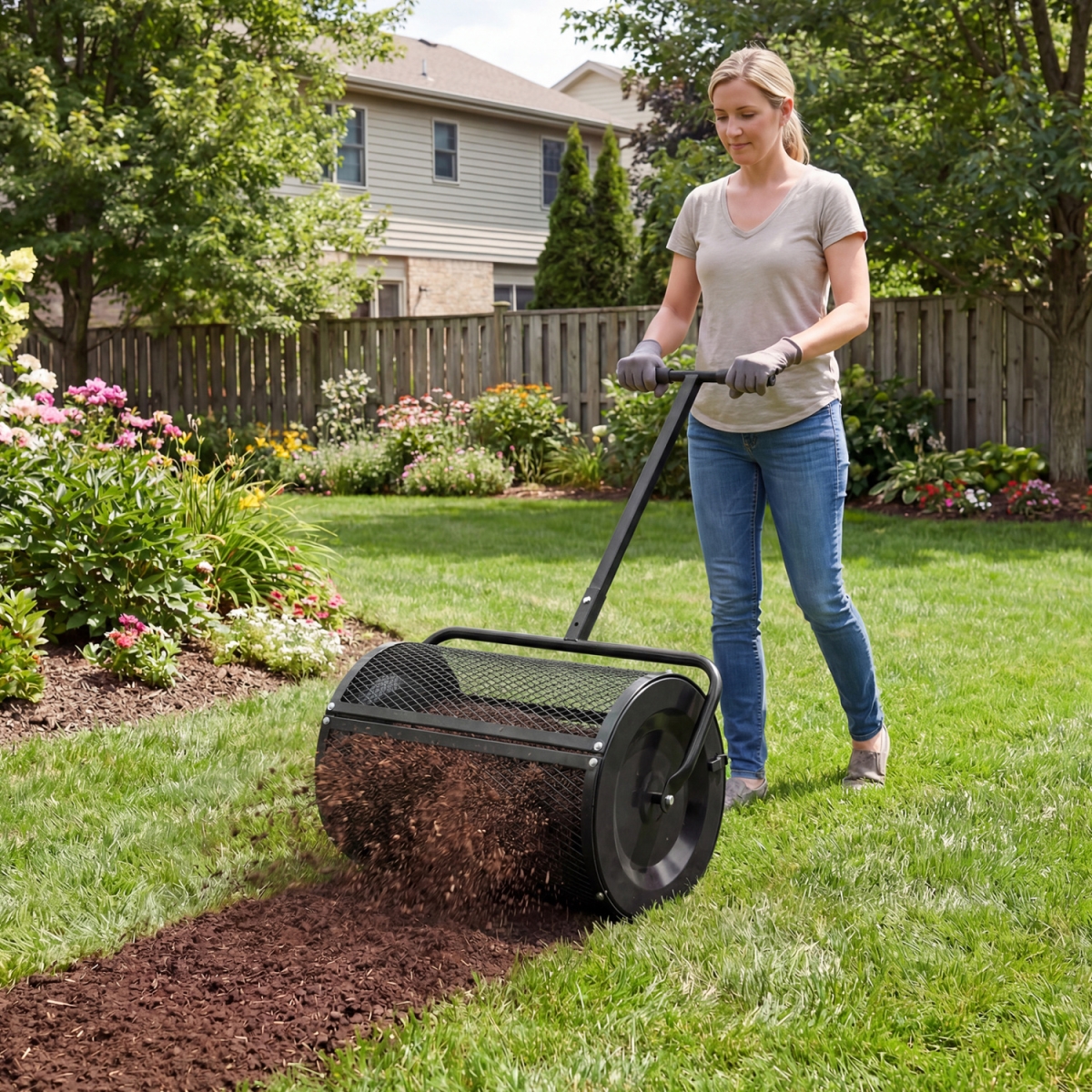 GT4658BK Compost Spreader 24 in. Peat Moss Spreader Roller with Height-Adjustable T-Shape Handle - Black