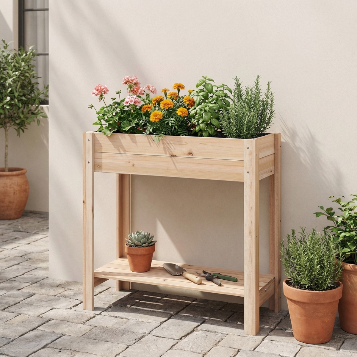 GT4680 Wooden Raised Garden Bed with Legs & Storage Shelf
