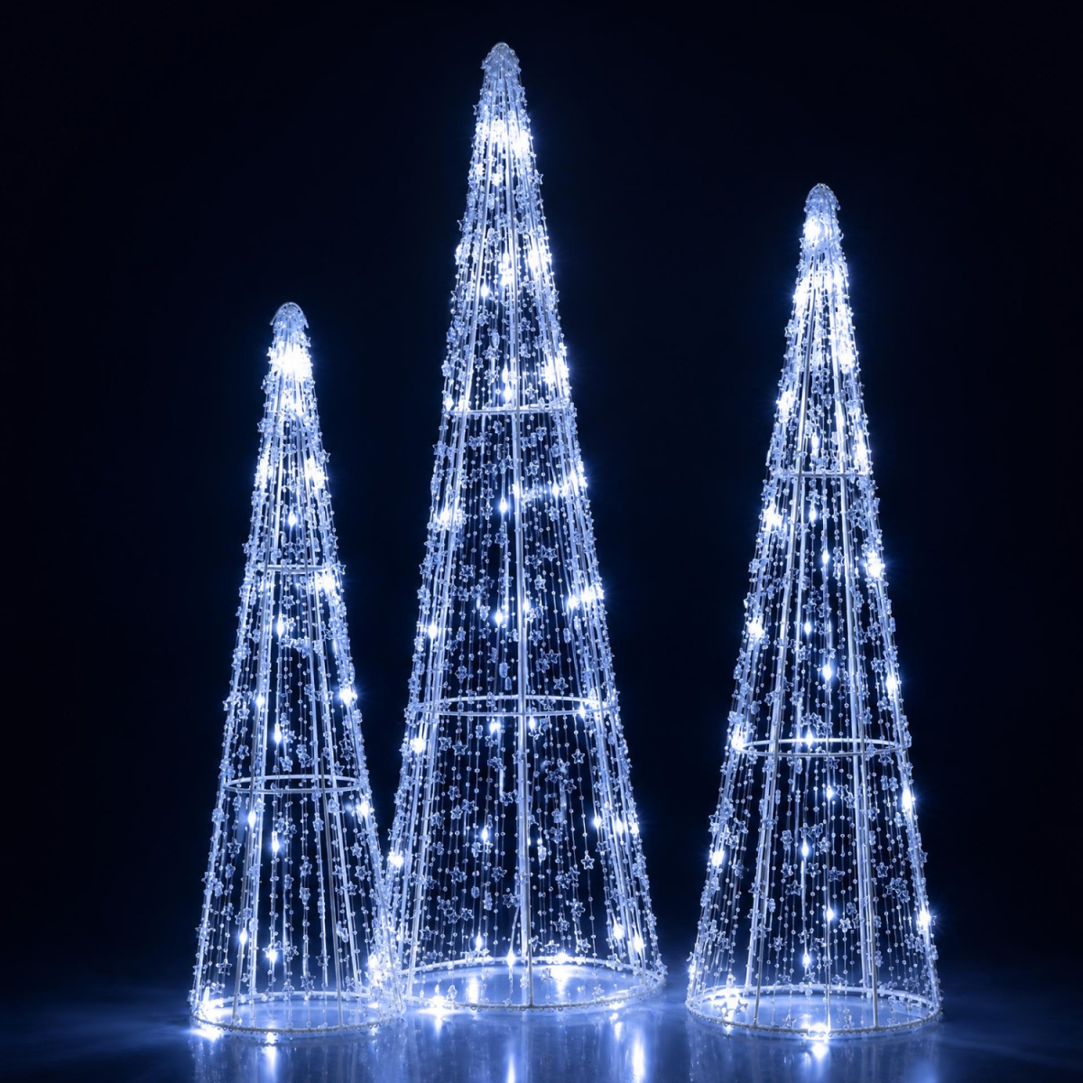 CM24604US-BE Pre-Lit Christmas Cone Trees with Star Strings - Cold White - Set of 3