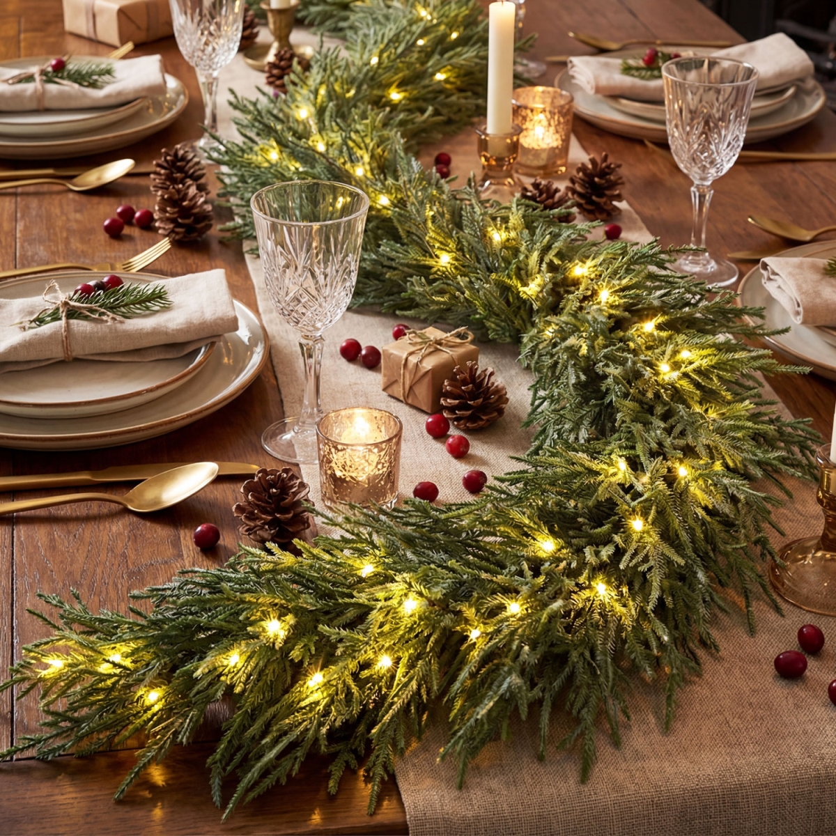 CM25520 9 ft. Pre-Lit Artificial Cypress Christmas Garland with 50 Warm White LED Lights & 130 Branch Tips - Green