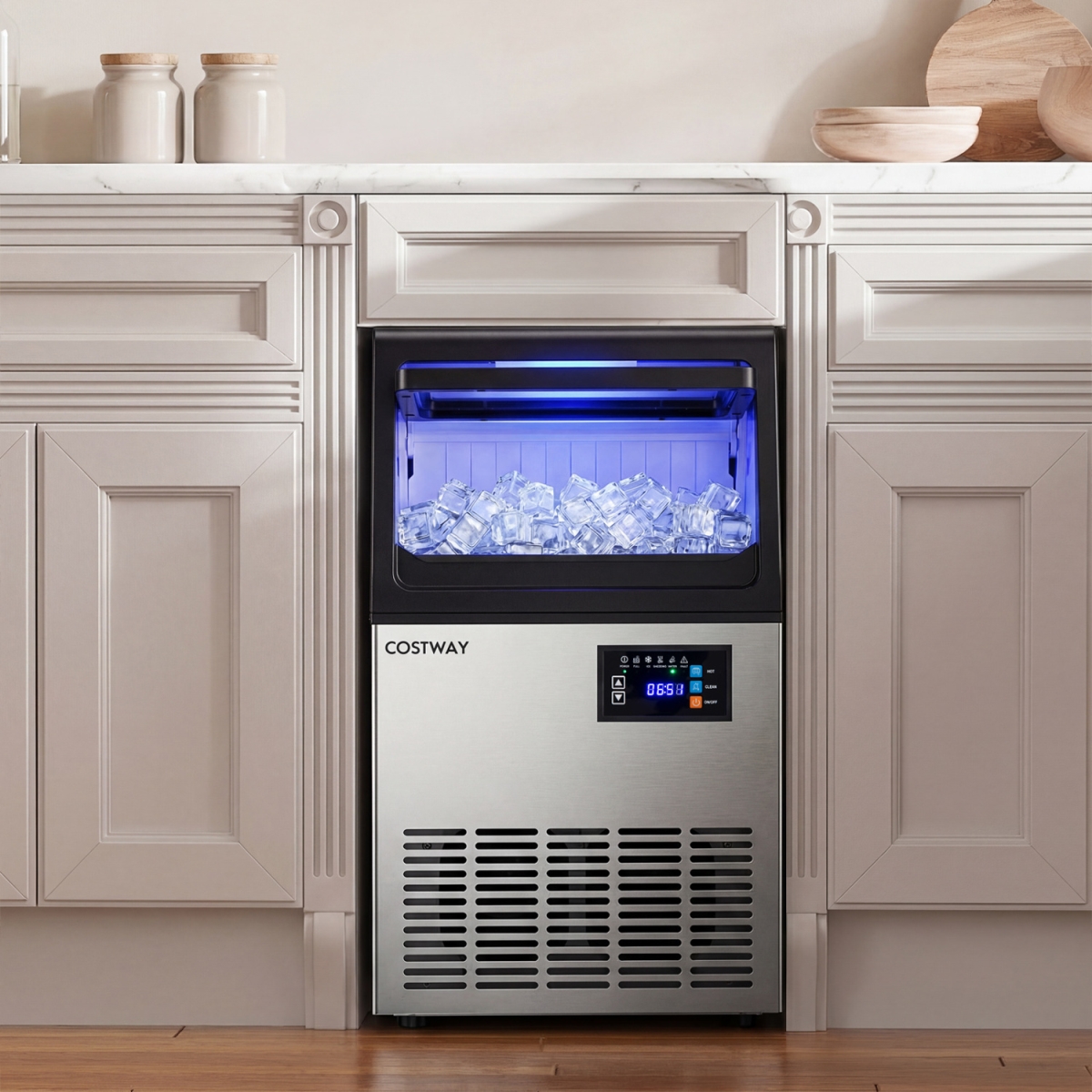 EP25970US Stainless Steel Spray Ice Maker with 30 lbs Storage Capacity & 80 lbs Per Day - Black & Silver