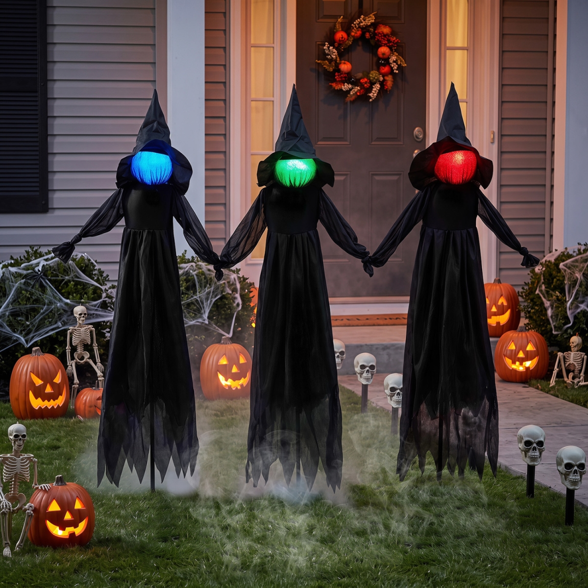 CM25536 Outdoor Halloween Witch Decoration with LED Lighted Face - Black