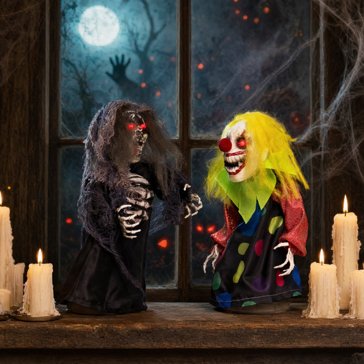 CM25659 Halloween Animatronics Clown & Reaper Tabletop Decorations - Multi Color - 2 Piece