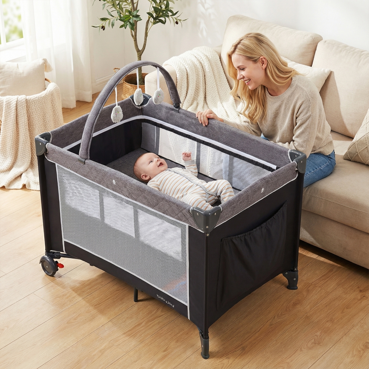 BC10291GR 3-in-1 Portable Baby Crib & Playpen with Changing Table - Gray