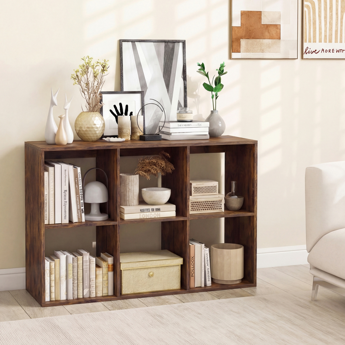 CB10751CF 6 Cube Bookshelf with Back Guardrail for Living Room Bedroom - Rustic Brown