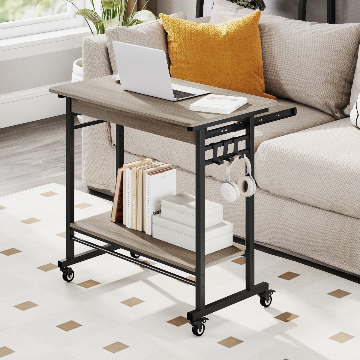 CB10796GR Rolling Laptop Table with Pull-Out Keyboard Tray & Hooks - Gray