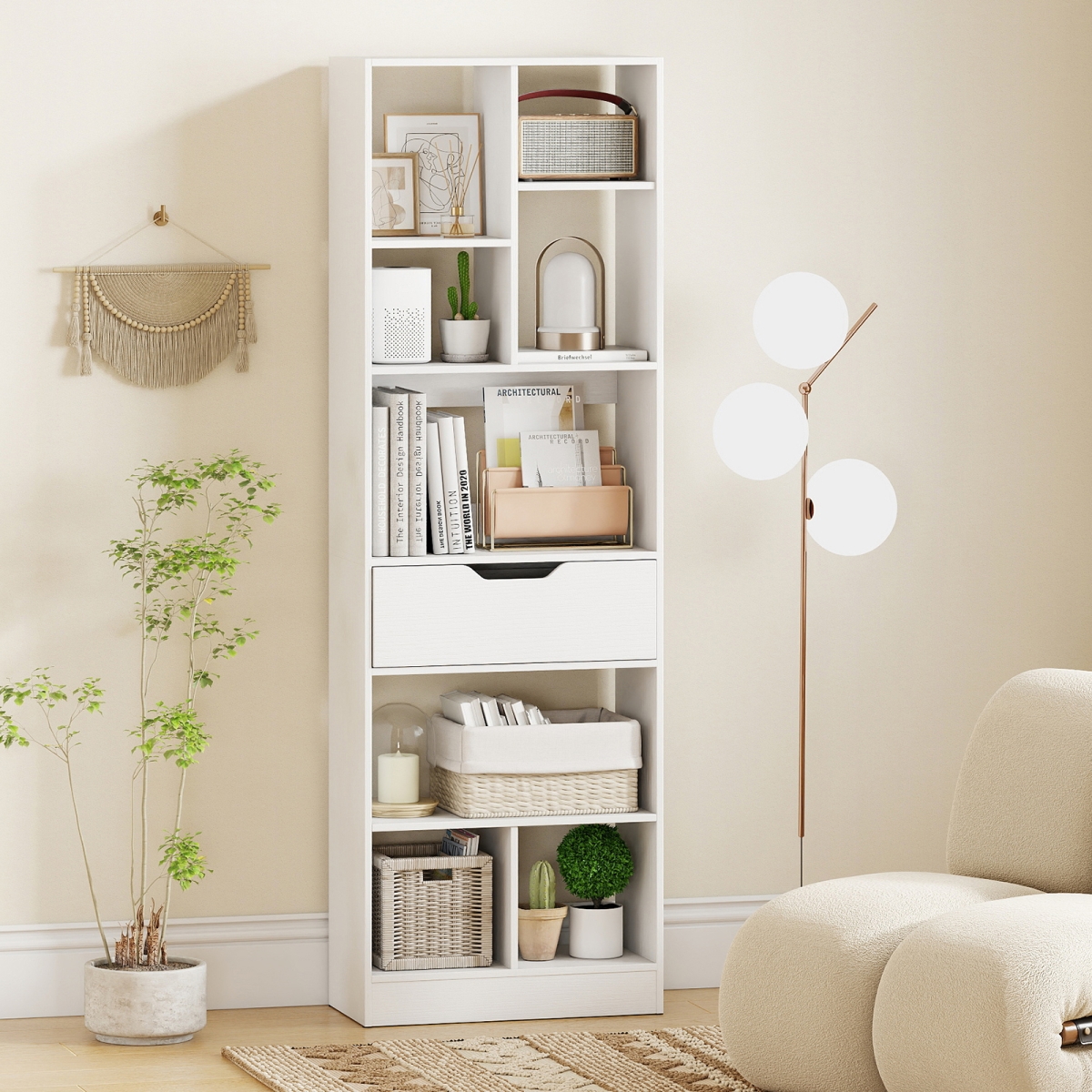 CB11033WH 61 in. Tall Freestanding Bookcase with Drawer 8-Cube Storage Organizer - White