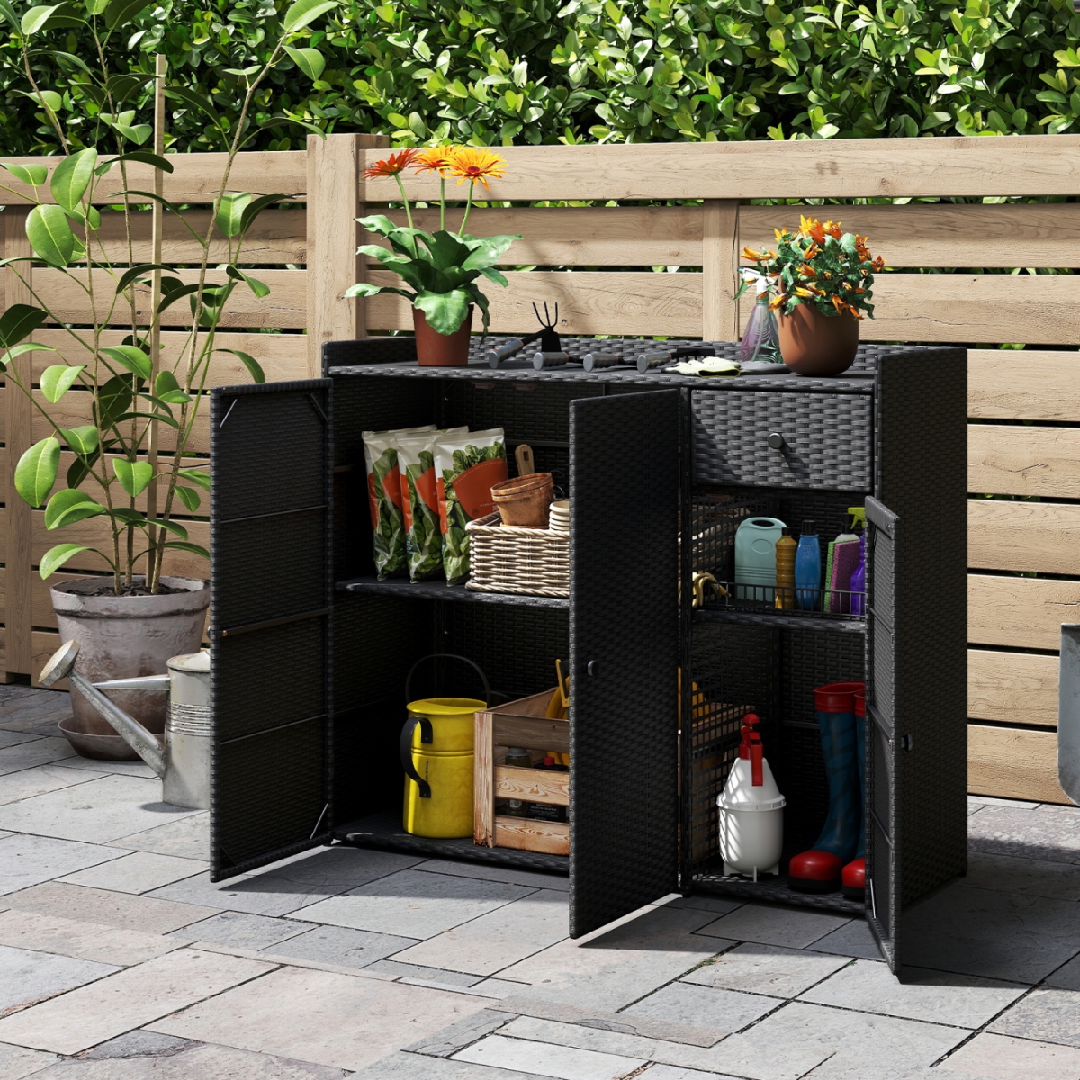 HW76071DK 3 Doors Outdoor PE Wicker Storage Cabinet for Deck - Black